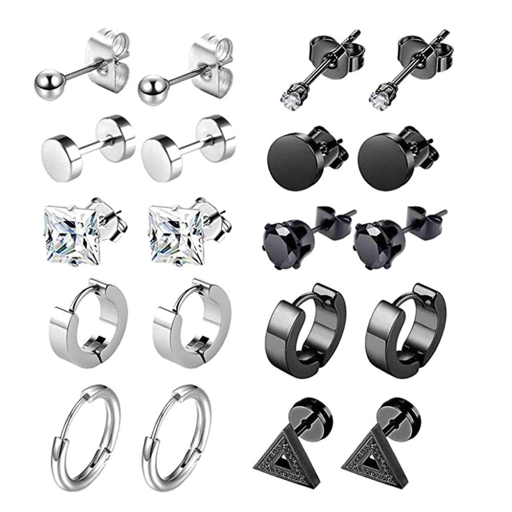 10 Pairs Stainless Steel Stud Earrings, Silver Cubic Zirconia Stud Earrings Hypoallergenic Unisex Jewellery Set for Women Men Girls