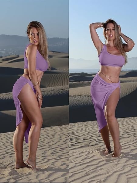 BEAGIMEG WOMEN’S SEXY ONE SHOULDER LONG BODYCON SLIT SKIRT 2 PIECES DRESS LAVENDER