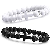 2 Pcs Silicone Cross Bracelet for Men : Comfort Black White Rubber Cross Beaded Silicone Men's bracelet Set Stretch Jesus Wristband, Faith Religious Christian Catholic Jewelry Gifts for Boys Son Teens