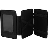 AfitLulu PU Magic Wallet, Men’s Ultra-Thin Three Fold Flip Wallet with ID Window, Two Side Opening Magic Leather Money Clip for Credit Cards, ID Cards, and Folded Cash (Black)