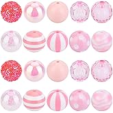 PONABEADIY 1 Box 20PCS Pink Bubblegum Round Beads Chunky Acrylic Rhinestone Large Sparkly Disco Ball Resin Stripe Loose Spacer Focal Bead Bulk for Jewelry Making Keychain Beadable Pen Diy Craft Supply
