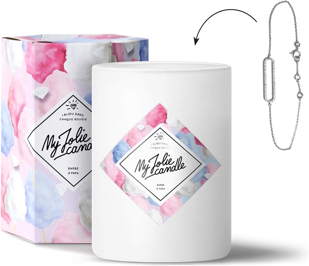 MY JOLIE CANDLE - Perfumed candle with a suprise jewelry - Bracelet - Silver - Candyfloss - Natural wax - 330g - burning time 70 hours