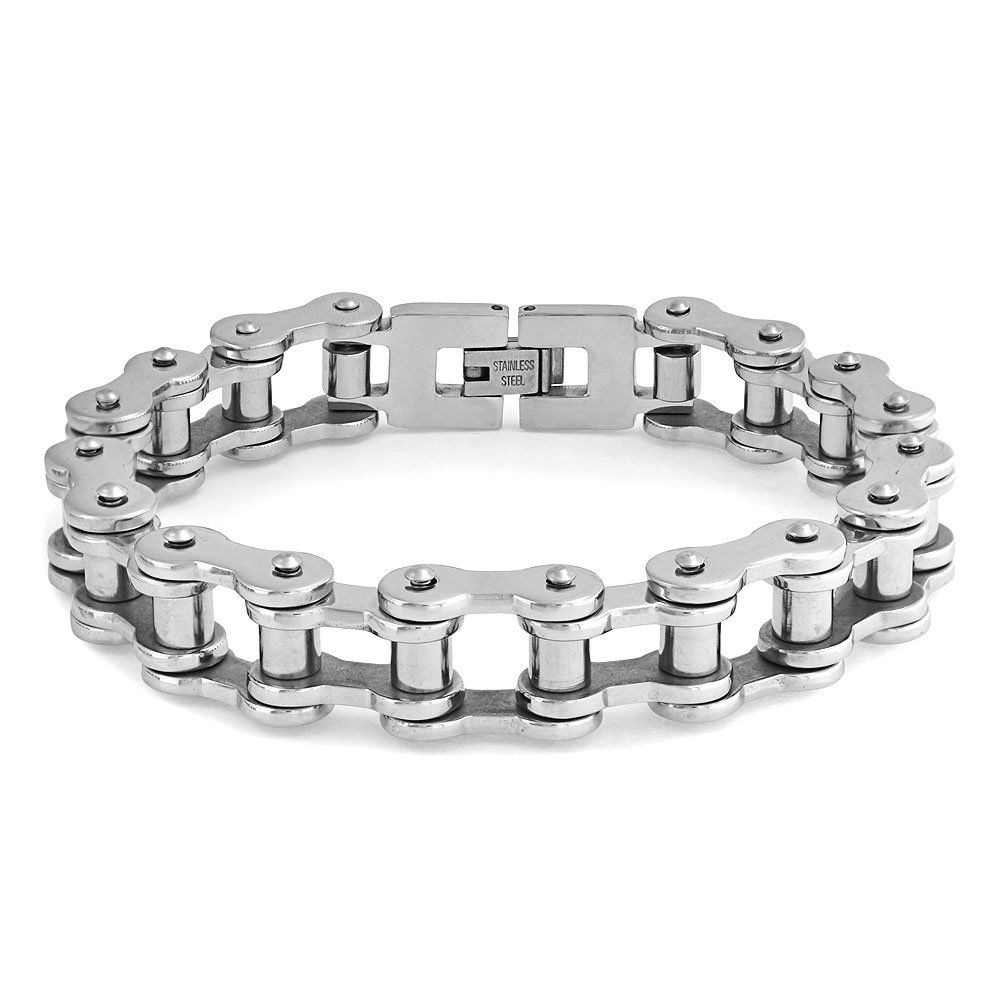 Bling Jewelry Heavy Mechanic Link Mens Biker Bike Bicycle Chain Bracelet For Men Silver Tone Stainless Steel