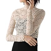 QiuDumo Women's Floral Lace Top Sexy Long Sleeve Mock Neck Casual Shirt Going Out Blouse