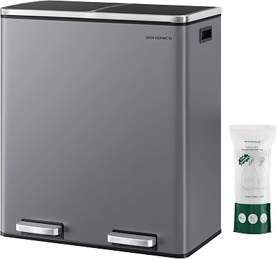 SONGMICS Dual Rubbish Bin 2-Compartment 30 L Slate Grey with Pedals