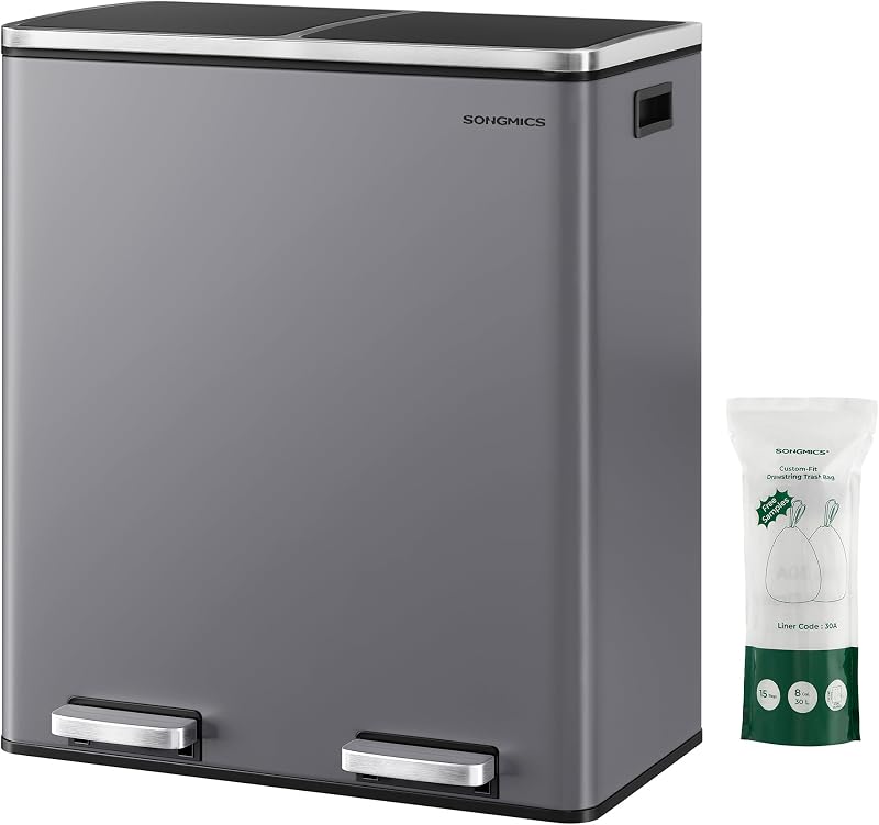 SONGMICS Dual Rubbish Bin 2-Compartment 30 L Slate Grey with Pedals