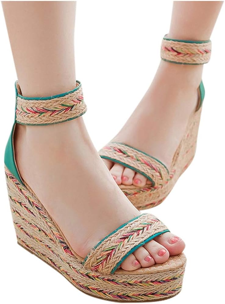 Aniywn Women High Wedge Platform Flat Open Toe Shoes Espadrille Ankle Strap Buckle Shoes Stylish Wedge Sandals