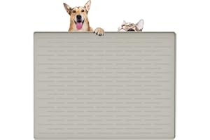 ULTIBE Dog Food Mat, Silicone Dog Mat for Food and Water, 32" x 24" Large Dog Feeding Mat, Waterproof Dog Cat Bowl Mat with Edges to Prevent Water Food Spills, Nonslip Pet Food Mats for Floors, Beige
