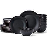 Famiware Venus Ceramic Plates and Bowls Sets, Dinnerware Dish Sets for 8 (24 Pieces) - Microwave and Dishwasher Safe, Matte Black