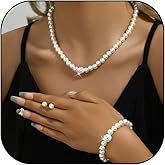 Pearl Necklace and Earring Set Big Pearl Jewelry Set for Women White Large Statement Necklace Wedding Jewelry Sets for Brides Bridesmaid Chunky Rhinestone Choker Necklaces Prom Dresses for Women