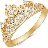 Princess Crown Ring, Round Cut Moissanite, Cubic Zirconia, Lab Grown or Natural Diamond Promise Ring for Women in 14K Gold Plated 925 Sterling Silver Jewelry Gift for Her