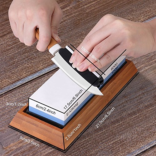 E-Gtong Premium Knife Sharpening Stone Set, 2 Side Grit 1000/6000 Waterstone - Best Kitchen Knife Sharpener Whetstone with Non-Slip Bamboo Base & Angle Guide