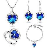 AILUOR Titanic Heart of The Ocean Necklace Earrings Bracelet and Rings Jewelry Set, Silver Blue Sapphire Crystal Necklace Pendants Wedding Prom Jewelry
