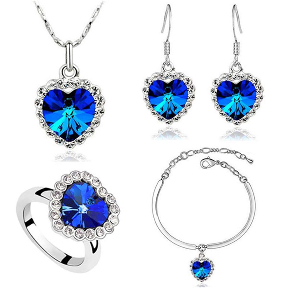 AILUOR Titanic Heart of The Ocean Necklace Earrings Bracelet and Rings Jewelry Set, Sterling Silver Blue Sapphire Crystal Necklace Pendants Wedding Prom Jewelry (Blue)