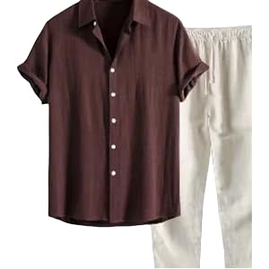 FSSNHQHCJ Men's Summer Solid Two Piece Set Lightweight Breathable Stand Collar Shirt Pants Casual Outfits Tracksuit