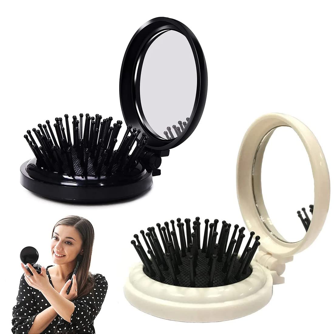 LICHUAN 2 Pieces Mini Folding Hair Brush with Mirror, Portable Folding Round Brush (Black/White)