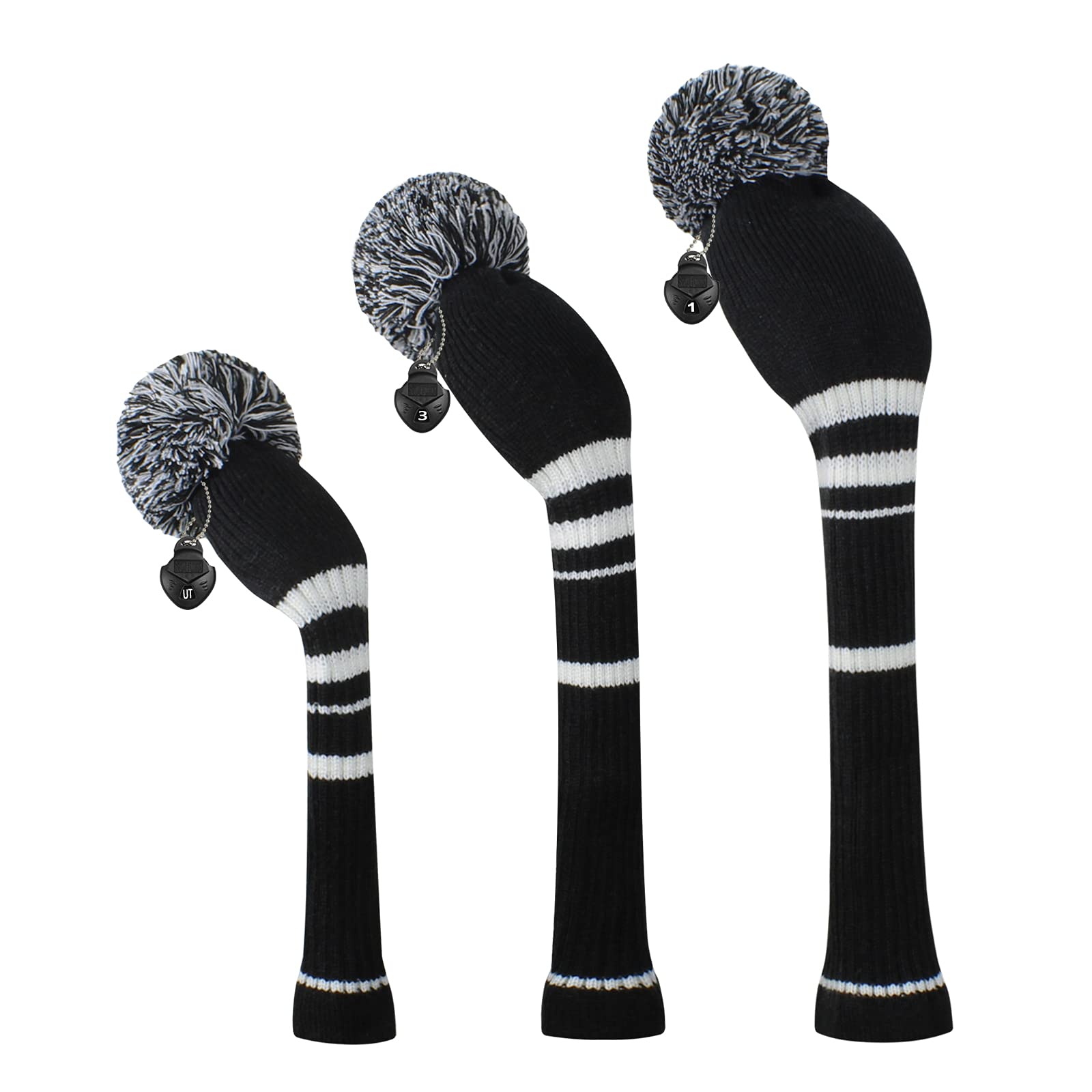 Scott Edward Knitted Golf Club Head Covers for Woods 3Pcs Set Golf Driver (460CC) Fairways and Hybrid/UT with Rotating Number Tags(Black Stripes)