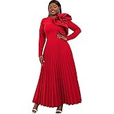 AOMEI Women's Long Sleeve with Asymmetrical Ruffles Pleated A-Line Maxi Dress