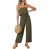 ZESICA Women's Casual Off Shoulder Solid Color Strapless Belted Wide Leg Jumpsuit Romper