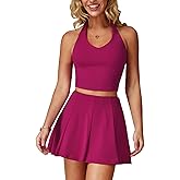 QBGJTD Women 2 Piece Tennis Skirt V Neck Tank Top with High Waisted Skirt Yoga Golf Outfit with Built-in Bra Shorts & Pockets
