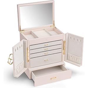 VLANDO Large Jewelry Organizer Box for Women,Faux Leather Jewelry Storage with 5 Drawer,Watch Necklace Rings Earrings Case fo