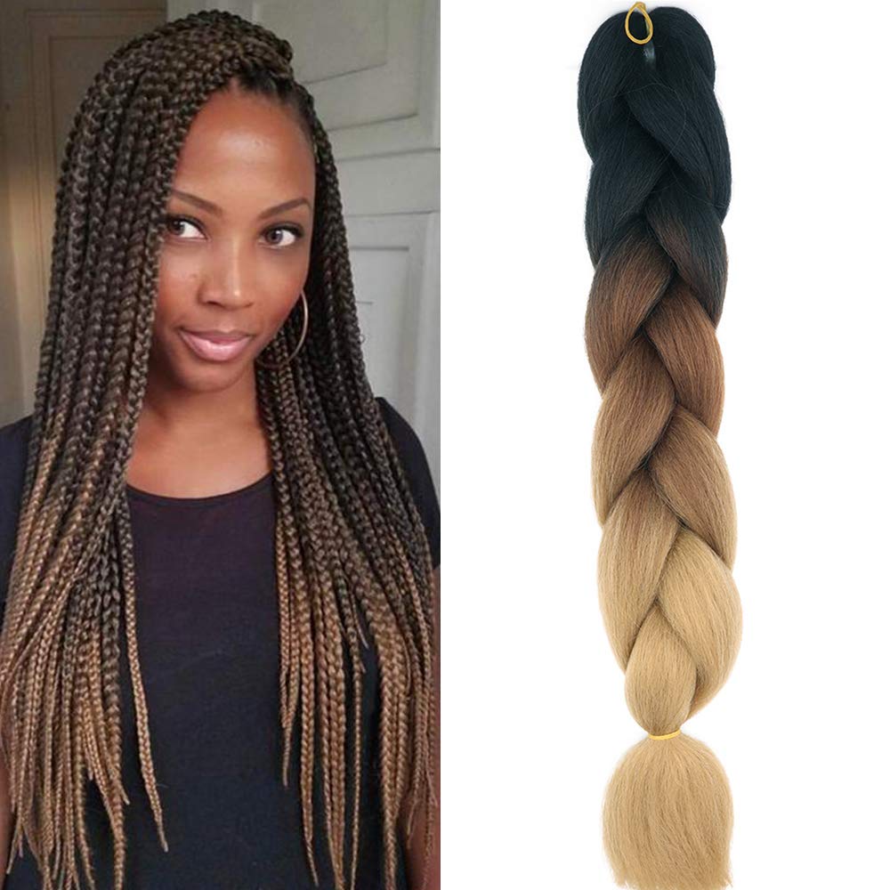 24" Braiding Hair Extension Jumbo Braids Synthetic Crochet Hair Afro Box Braid Heat Resistent (Black&Dark Brown&Light Brown)