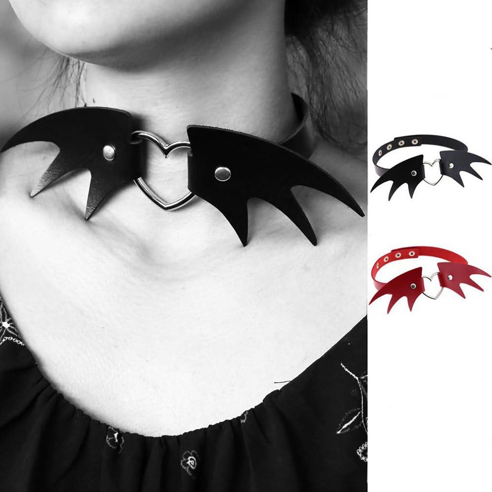 UIYTR 2PCS Steampunk Style PU Leather Double Wings Choker Necklace with Silver Heart For Women Nightclub Jewelry Halloween Necklace