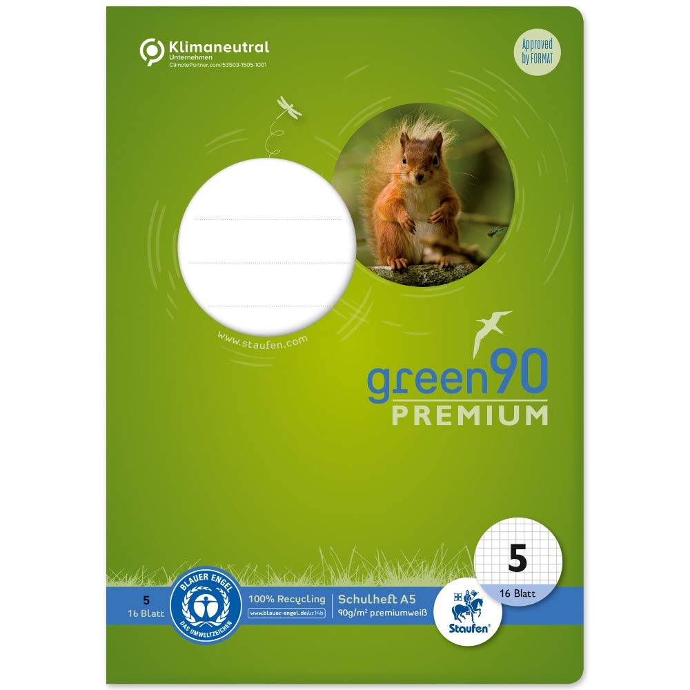 Staufen Green notebook, DIN A5, line style 5 (5 mm squared), 16 sheets, premium white 90 g/m² recycled paper, round corners prevent donkey ears, 3 different designs (no choice possible), 1 piece