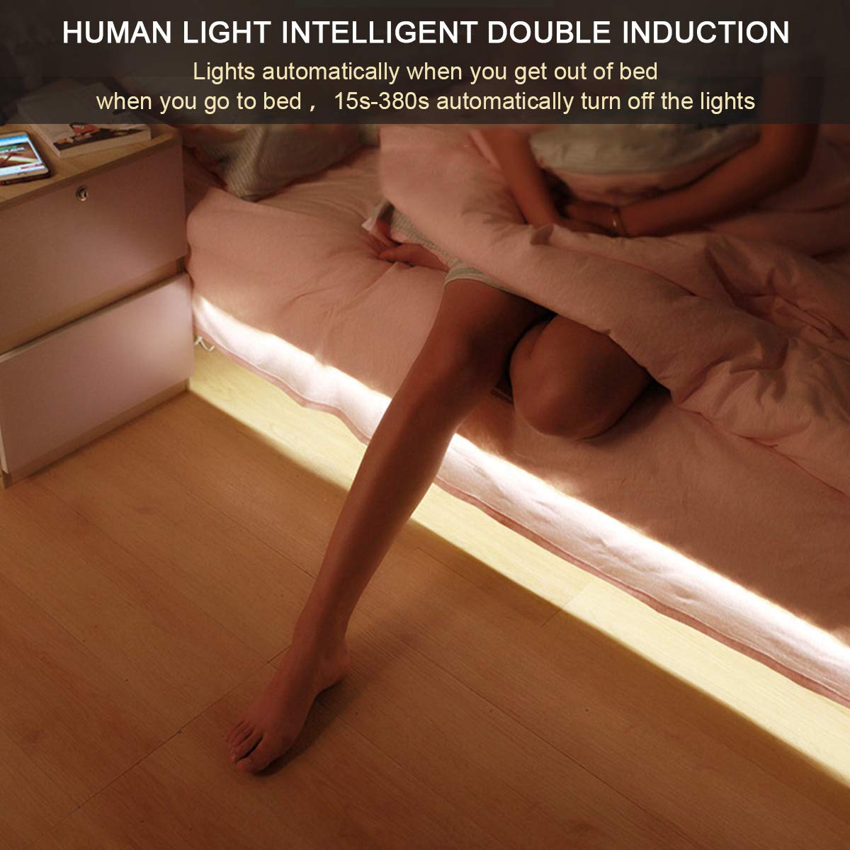 Lumière de Lit VDROL Bande LED Sensor de Mouvement Éclairage Lumière qui s\'Allume et s\'Éteint Automatiquement Idéal pour le Chevet, la Chambre à Coucher, Sous la Crèche, placard, Armoire, Plateau