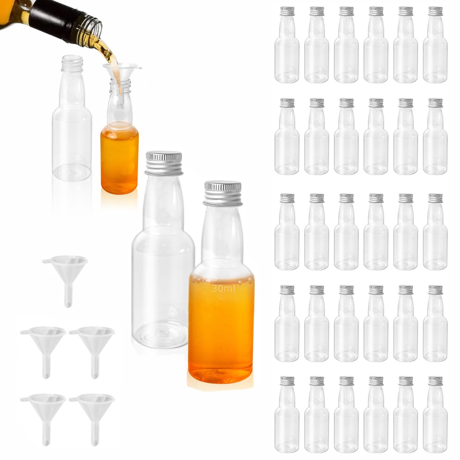 AZKEEGREY 50 Pack Miniature Alcohol Bottles, 30ml Plastic Mini Bottles for Weddings, Party Favors with Screw Cap and Funnels