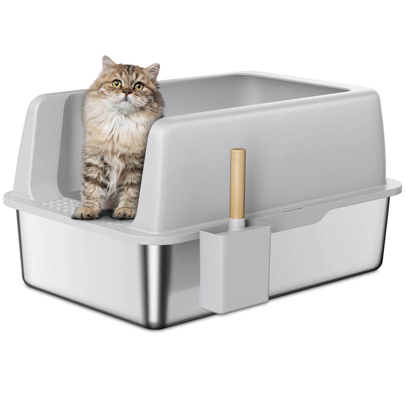 Zarler Stainless Steel Litter Box with Lid, Extra Large Cat Litter Boxes, XL Large Metal Litter Box for Big Cats with High Sided, Light Grey (Non-Sticky, Easy to Clean, Anti-Urine Leakage) Image