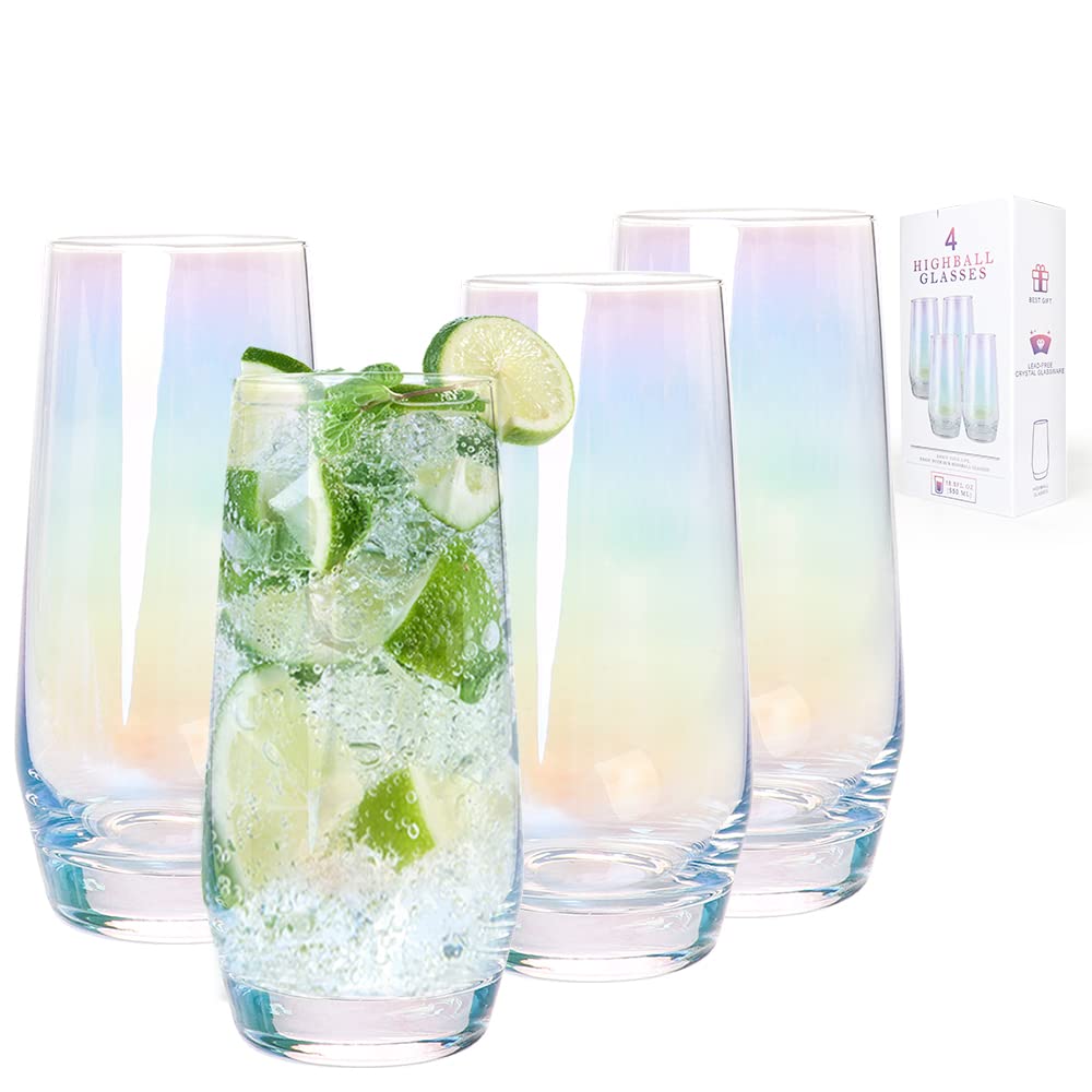 Cyimi Crystal Hiball Glasses 4-Pack - 550ml/18.5oz Iridescent Drinking Glass Tumblers with Heavy Base, Tall Bar Glasses for Cocktails, Beer, Juice & Water (Colorful)