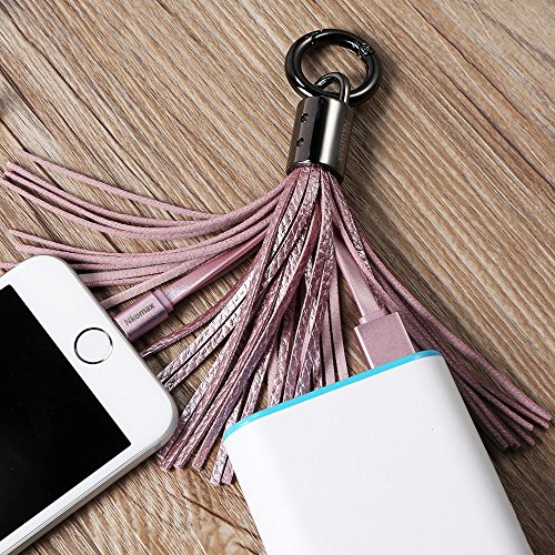 Lightning to USB Leather Tassel with 7-Inch 2.4 Amp Lightning ChargeSync Cable for iPhone, iPad, Nkomax Keychain Ring USB Cable (Pink)
