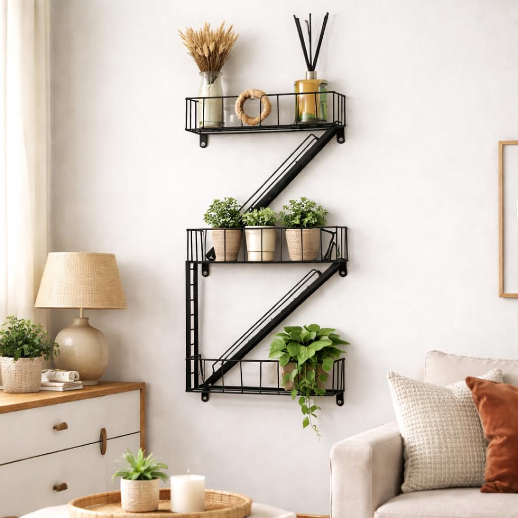 HomeZone 3 Tier Ladder Style Wall Spice Rack Organiser Black Metal Wall Mounted Kitchen Shelf for Spices, Herbs & Condiments Industrial Wall Storage Rack for Kitchen, Pantry, Bathroom or Utility Room