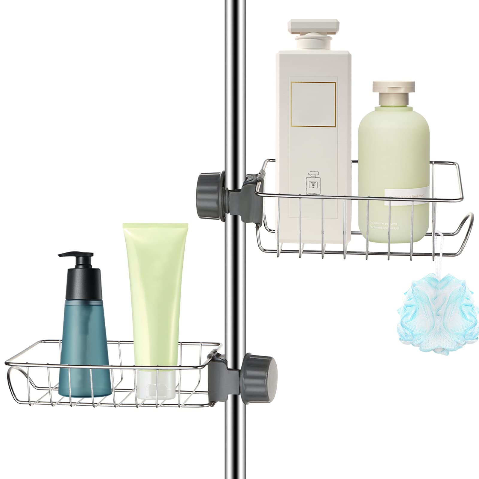 UHAPEER 2 Pack Shower Caddy No Drill, Rust-Free Shelf Rack, Stainless Steel Bathroom Organizer, Shampoo Holder for Kitchen Sink Organizer Sponge Holder for 18-27mm Shower Riser Rail, Silver