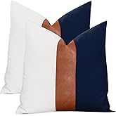 Vfuty Pack of 2 Faux Leather and Cotton Patchwork Throw Pillow Covers 18x18 Inch Modern Accent Decor Cushion Case for Couch Living Room Bedroom, Farmhouse Rustic Pillowcase, Navy Blue