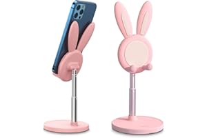 OATSBASF Cute Cell Phone Stand, Adjustable Bunny Phone Stand for Desk, Thick Case Friendly Holder Compatible with iPhone, Kindle, iPad, Switch, All Phones (Pink)