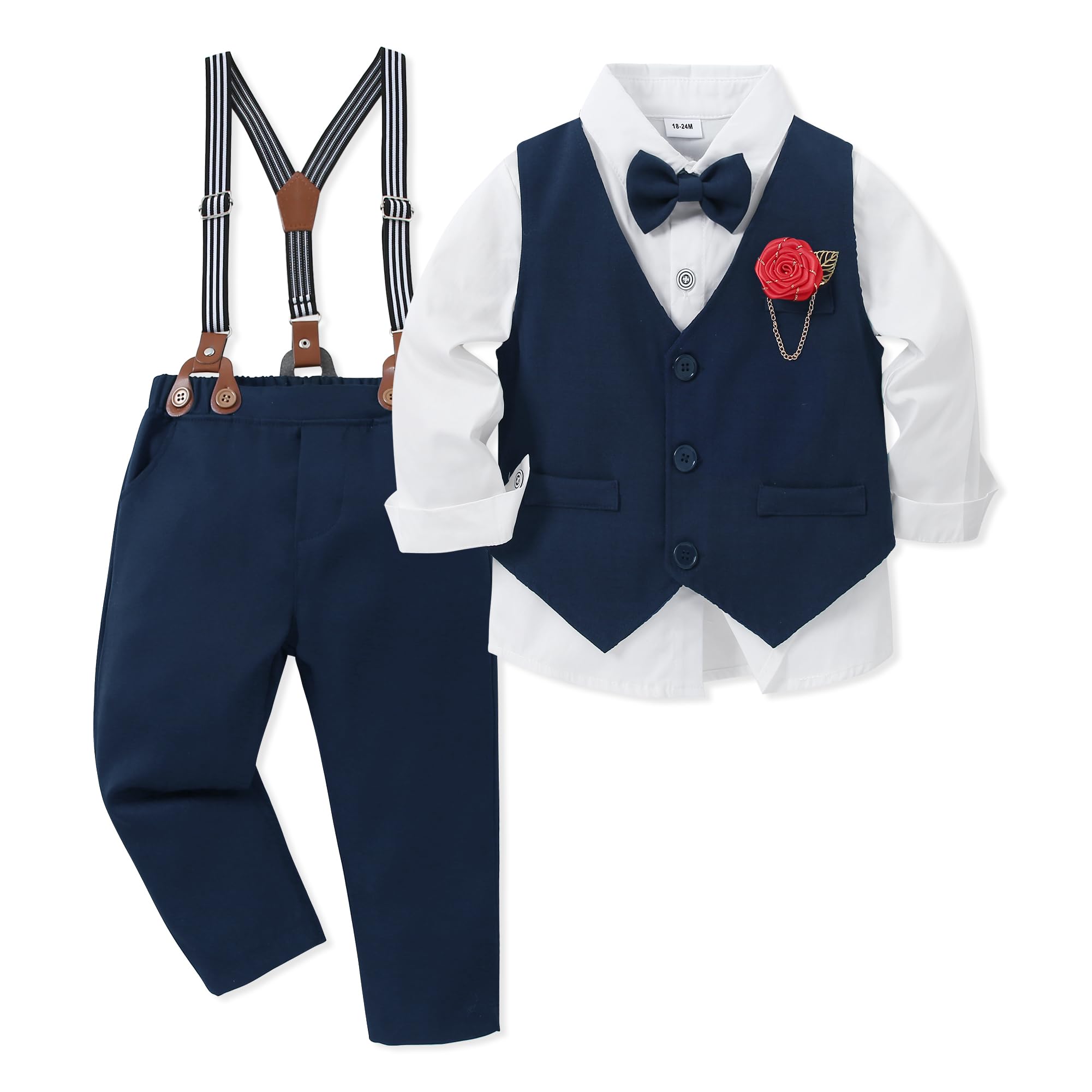 Photo 1 of *Wash Item* WESIDOM Toddler Boy Clothes Suit,Formal Dress Shirt+Bowtie+Vest+Boutonniere+Pants Boys Gentleman Wedding Outfits Set(Blue+3-4T)