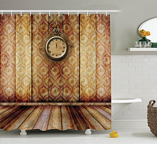 Victorian Decor Shower Curtain Set , Antique Clock On Medieval Style Wall Wooden Floor Classic Architecture Theme Art, Bathroom Accessories, 69W X 70L Inches, Beige Brown