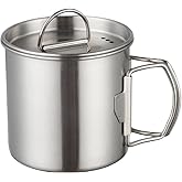 Tomotato Camping Cup with Foldable Handle, 12oz Backpacking Cup with Lid | Stainless Steel Cup, Lightweight Single Wall, Portable Mug Camping Pot Cookware, Outdoor Cooking, Hiking, Travel, Fishing