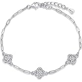 ÀIMBRACE Moissanite Bracelets for Women: Moissanite Link Clover Charm Bracelet, 925 Sterling Silver, 18K White Gold Plated, Rhodium Finish, Adjustable, Floral Halo, Fine Jewelry Gift Ideas for Women