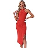 Allegra K Cocktail Party Midi Dress for Women's Halter Neck Sleeveless Ruched Asymmetrical Bodycon Dress