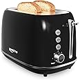 Retro Stainless Steel 2 Slice Toaster - Bagel, Cancel, Defrost Functions, 6 Shade Settings, Extra Wide Slot, Removable Crumb Tray (Black)