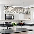 SEFINN FOUR Modern Crystal Lamp, Height Adjustable Rectangular Pandant Light Fixture for Dining Room, Living Room, Kitchen Island, Wide 30-Inch, Installation Video Available