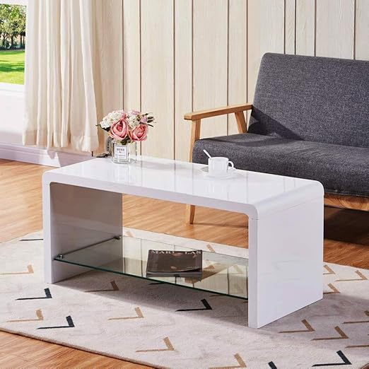Goldfan High Gloss White Coffee Tables With Glass Storage Shelf