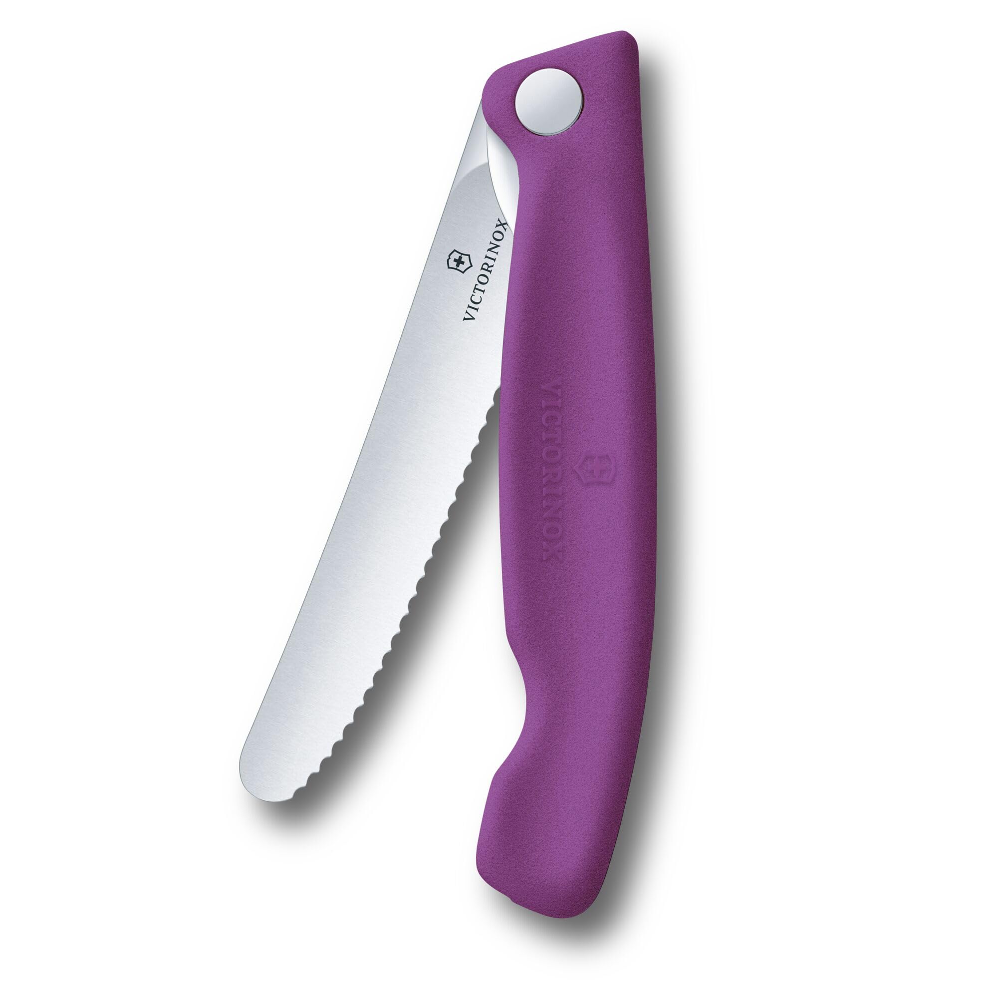 Victorinox Swiss Classic Faltbares Picknick-Messer für Wanderungen, Obst, Gemüse, Brötchen, Wurst, mit Wellenschliff, Extra Scharf, Violet 4