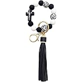 Phamines Wristlet Bracelet Keychain for Women,Silicone/Wood Cross Leopard Beaded Bracelet with PU Tassel,Clip Key Holder