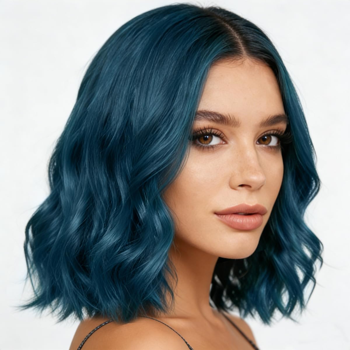 Yamel Wavy Bob Wig Natural Wig Blackish Blue Synthetic Hair Shoulder Length Short Curly Middle Part Lace Front Wigs for Women โ image 1