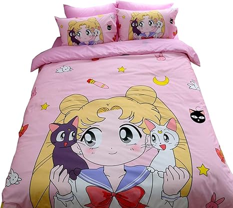 Amazon Com Holy Home Sailor Moon Luna Girl S Bedding 4 Piece Duvet Cover Set Pink Bedclothes Home Kitchen