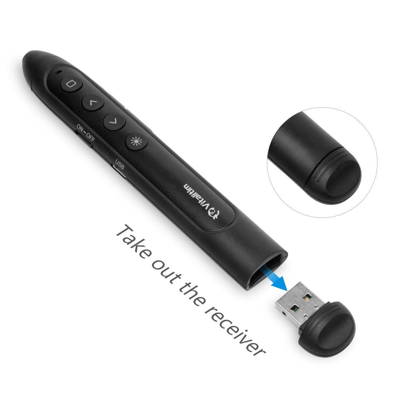 Vitalitim Rechargeable Wireless Presenter, 2.4Ghz Wireless USB Powerpoint PPT Presentation Pointer Remote Control Clicker Pen, Support Hyperlink (BLack)